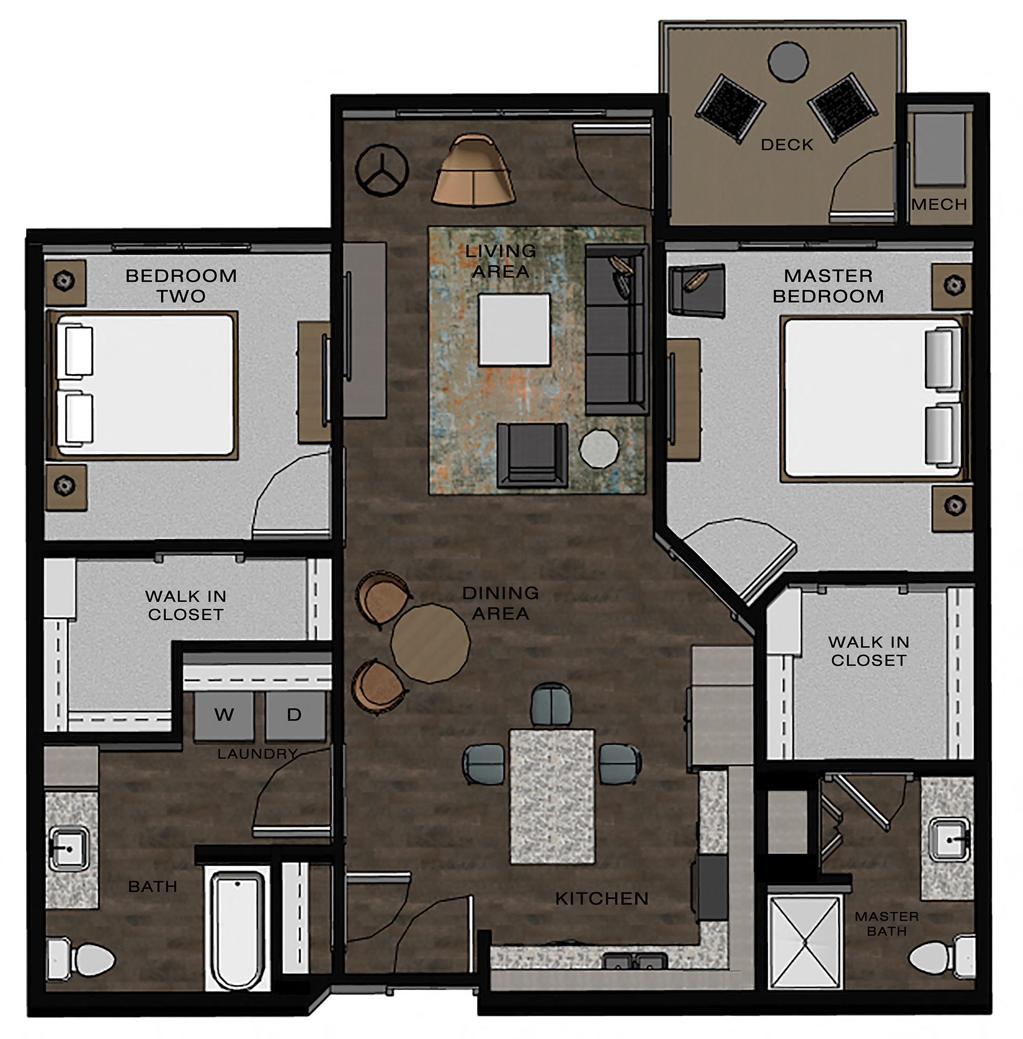 Floor plan for 2 beds, 2 baths, 1119 sqft